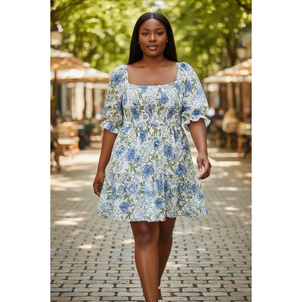 Baltic Born Size XL White Blue Green Floral Smocked Chiffon Dress Lined NEW